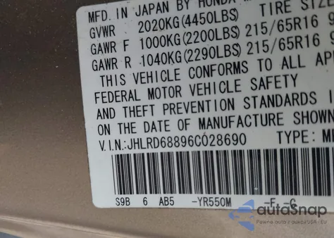 2006 Honda Cr-V Ex from USA, damaged, VIN JHLRD68896C028690